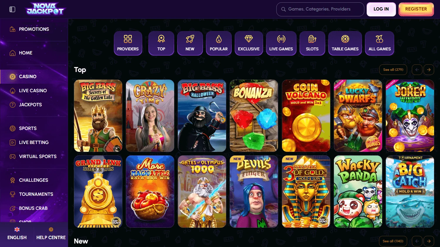 Novajackpot Casino desktop games lobby