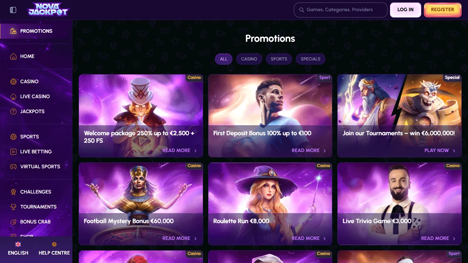 Novajackpot Casino desktop promotions area