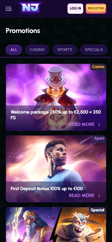 Novajackpot Casino mobile promotions area
