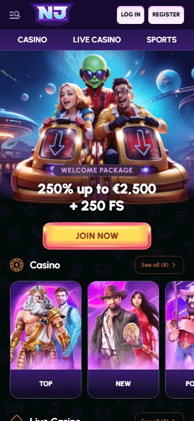 Novajackpot Casino mobile home screen