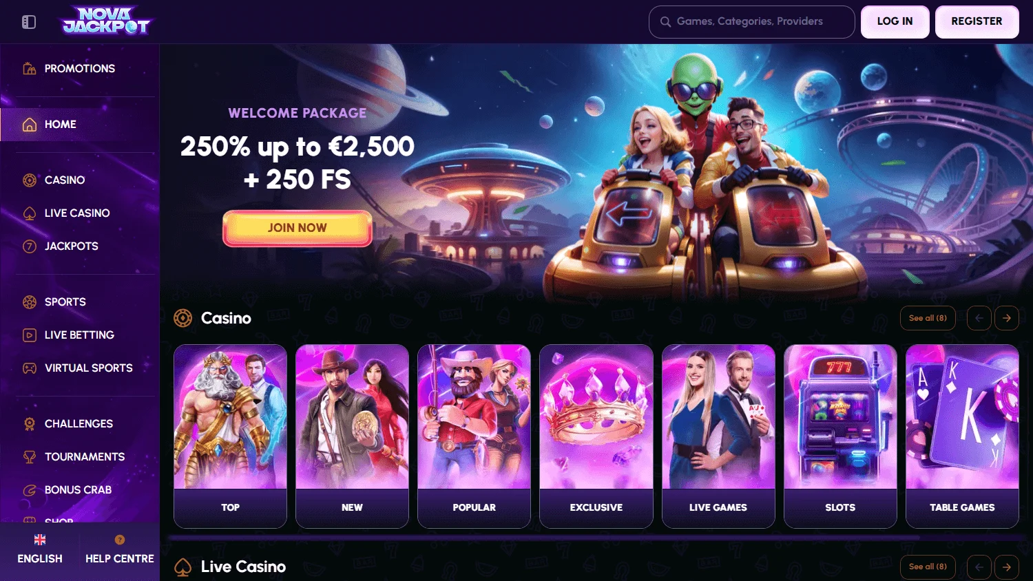Novajackpot Casino desktop home screen